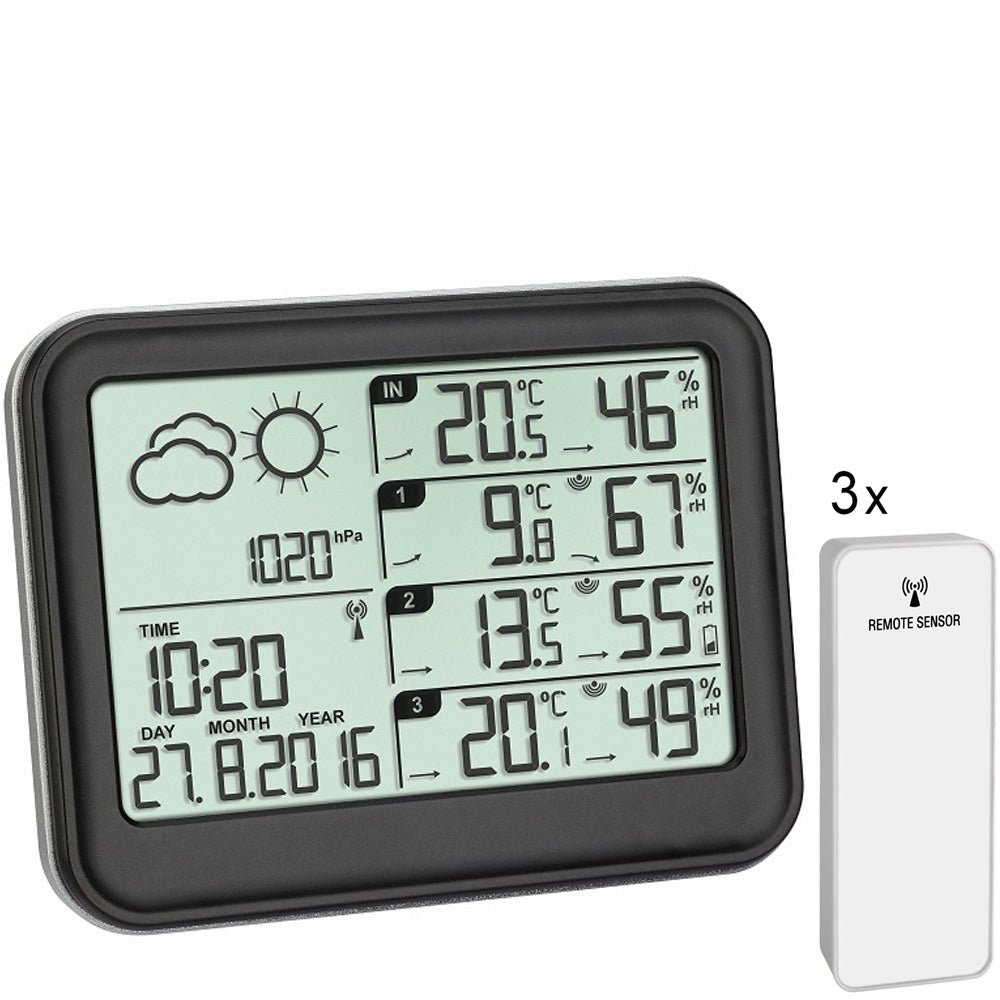TFA View 35.1142.01 Wireless Weather Forecaster, Incl. 3 Wireless Temperature & Humidity Sensors - TD-35-1142-01