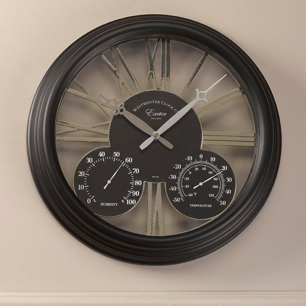 Exeter Black Outdoor Wall Clock with Thermometer 38cm - SG-5061001