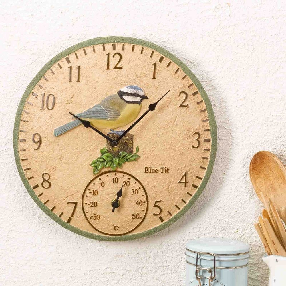 Blue Tit Outdoor Wall Clock with Thermometer 30cm - SG-5064003