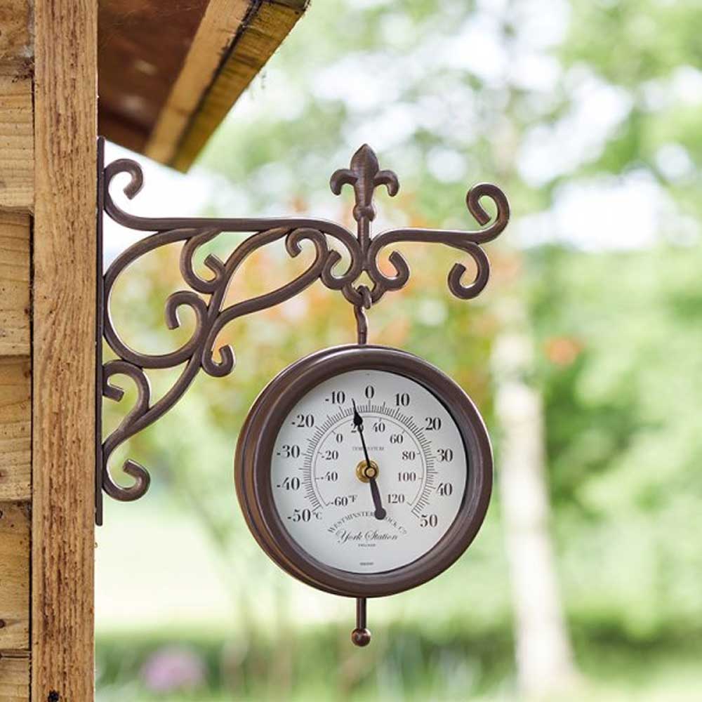 York Station Outdoor Wall Clock with Thermometer 28.5cm (size inc bracket) - SG-5063000